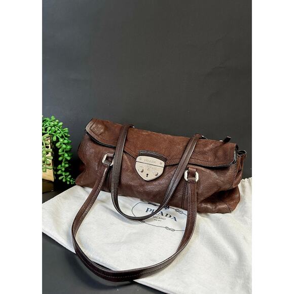 Prada Chocolate Brown Leather Cervo Antik Easy Foldover Pushlock Shoulder Purse - Picture 3 of 14